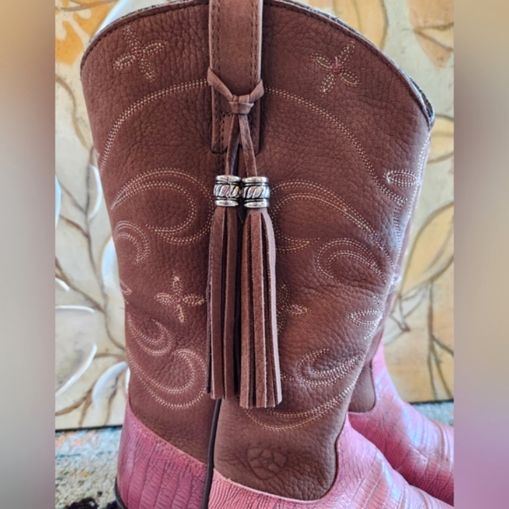 ARIAT Heritage Snip Snub Nose Brown Pink Croc Fringe Tassle Leather Boots 8.5 B - Picture 9 of 16